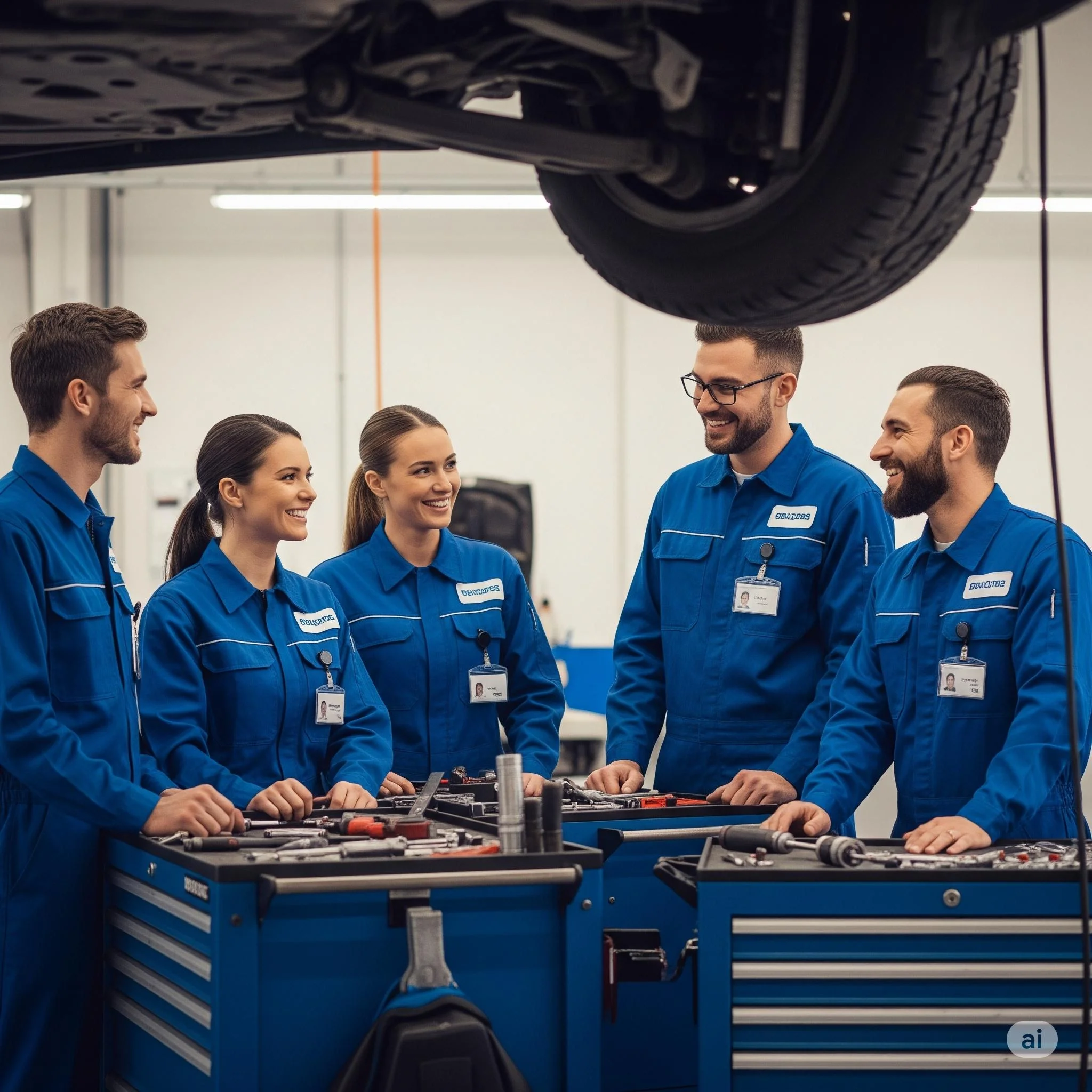 Equipo de mecánicos productivos y felices usando Appli-Car